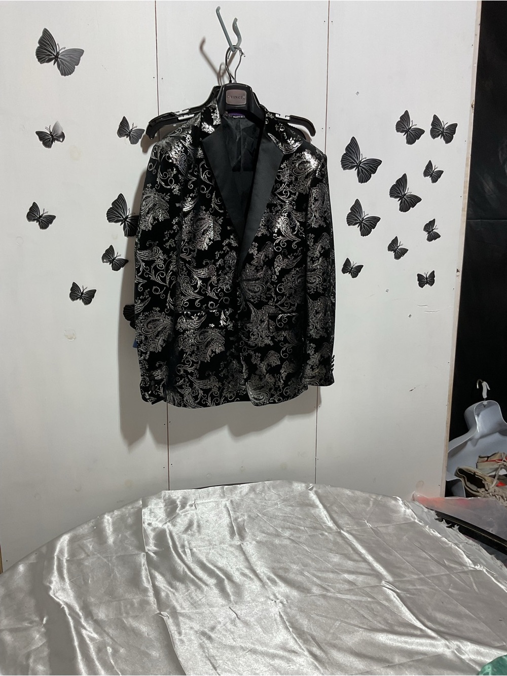 Black Velvet Paisley Dinner Jacket with Silver Jacquard Detail